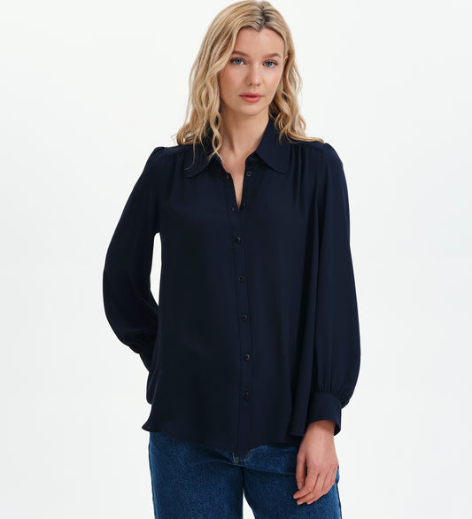 Melina Navy Button Through Lightweight Yoke Blouse
