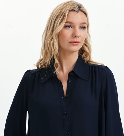 Melina Navy Button Through Lightweight Yoke Blouse