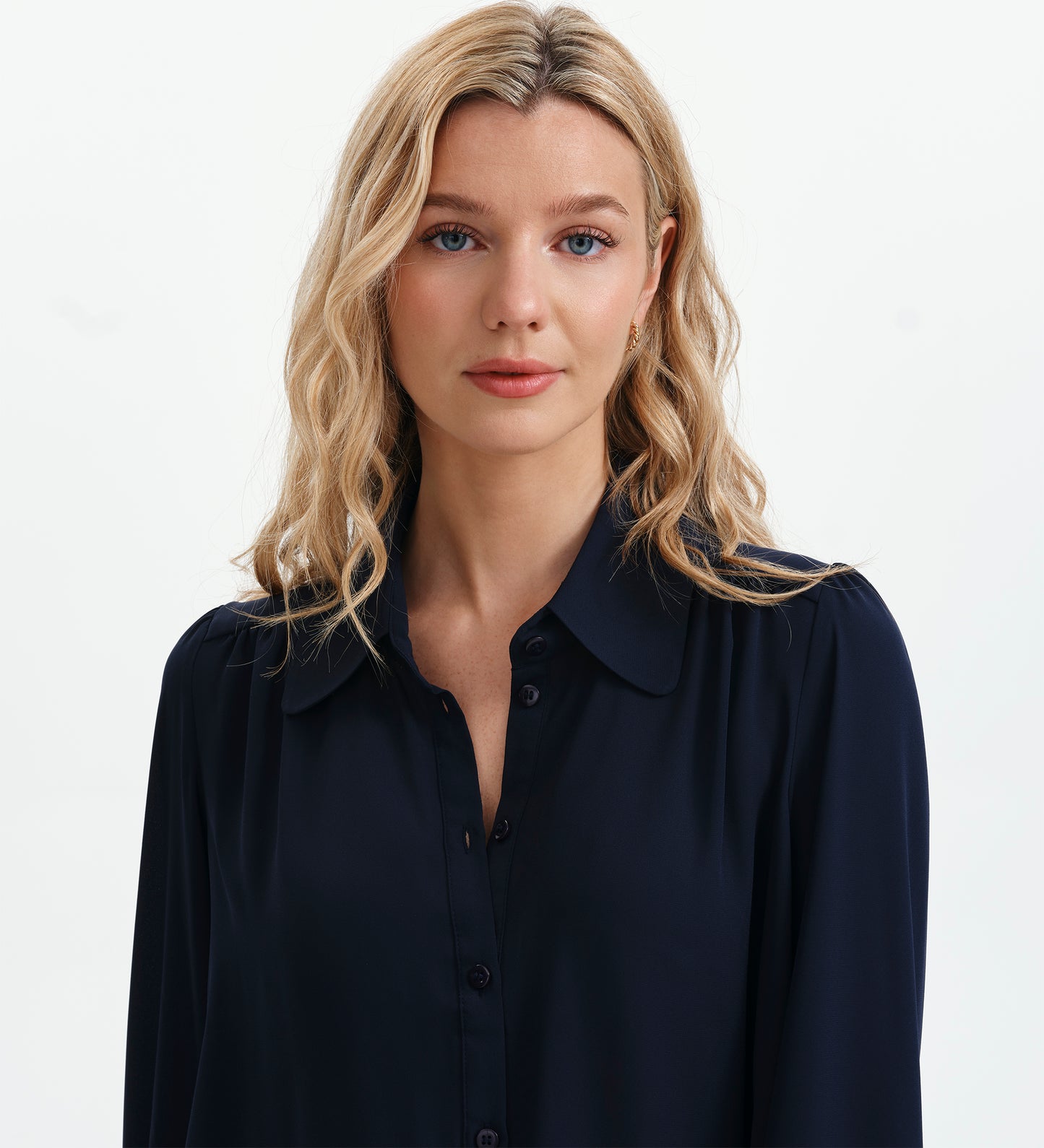 Melina Navy Button Through Lightweight Yoke Blouse