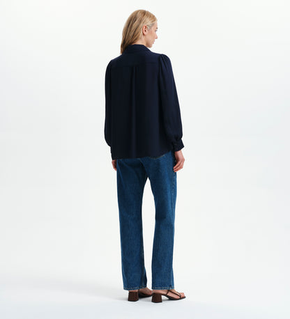 Melina Navy Button Through Lightweight Yoke Blouse
