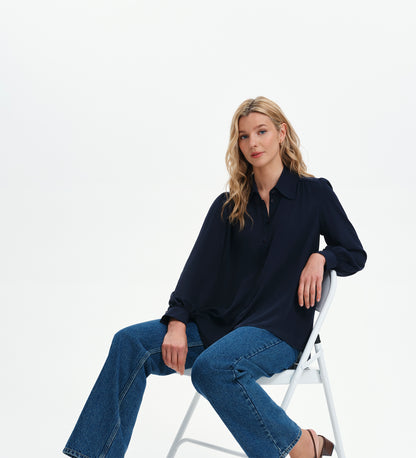 Melina Navy Button Through Lightweight Yoke Blouse