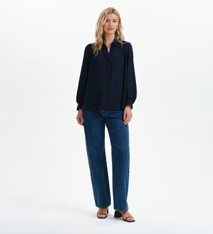 Melina Navy Button Through Lightweight Yoke Blouse