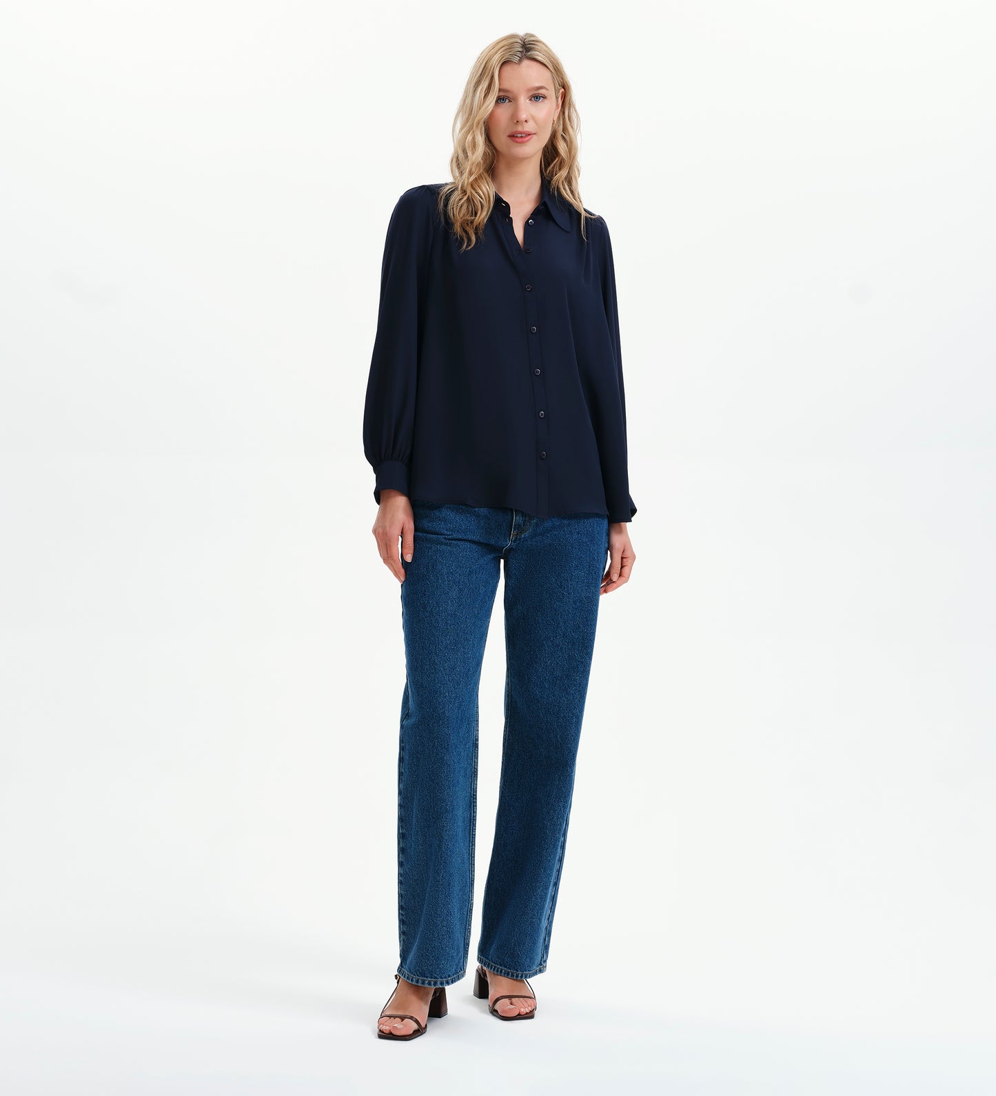Melina Navy Button Through Lightweight Yoke Blouse