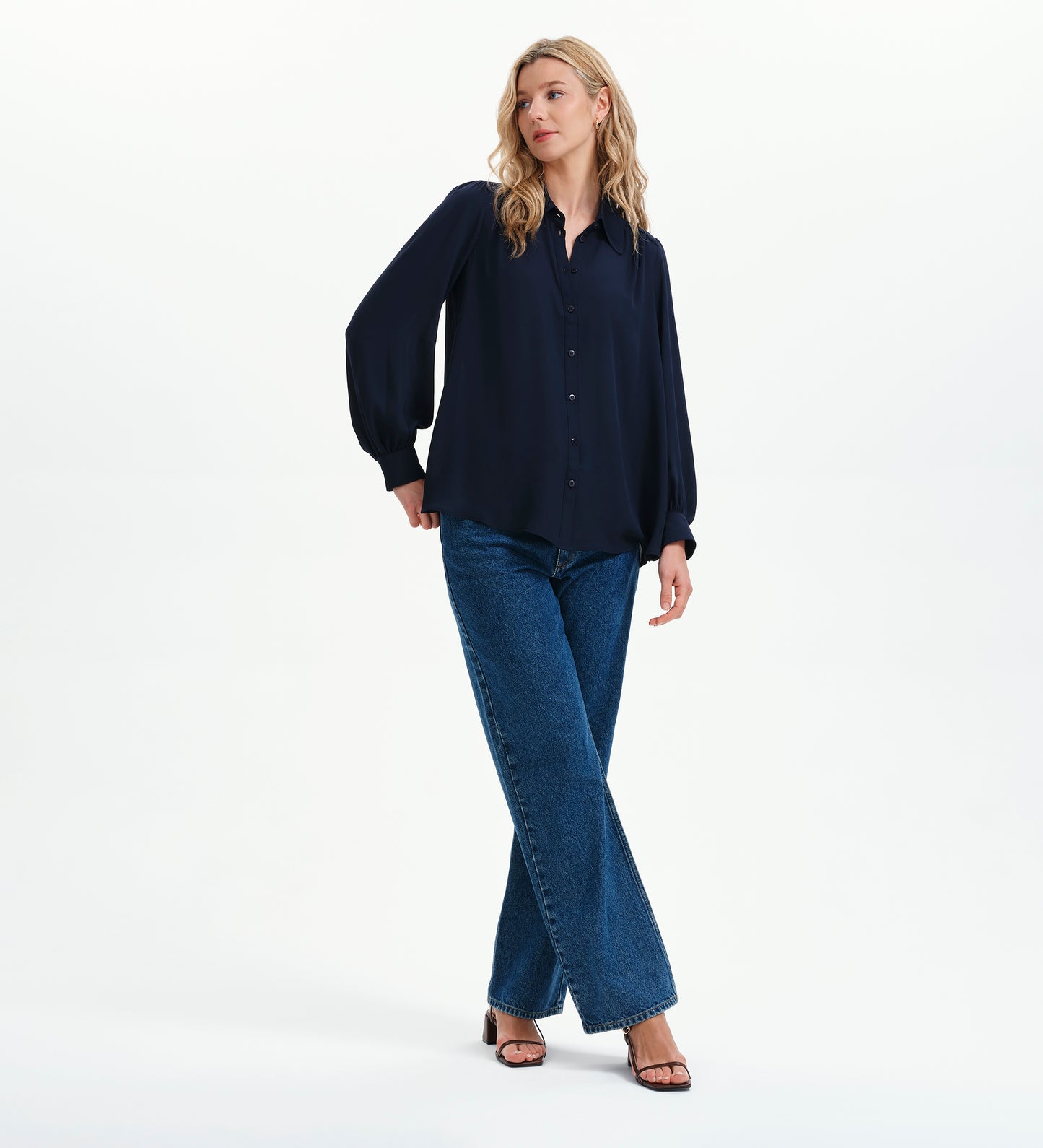 Melina Navy Button Through Lightweight Yoke Blouse