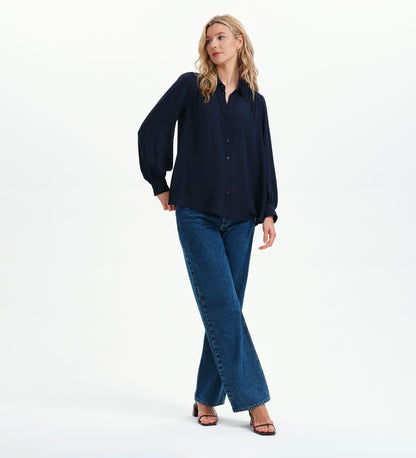 Melina Navy Button Through Lightweight Yoke Blouse
