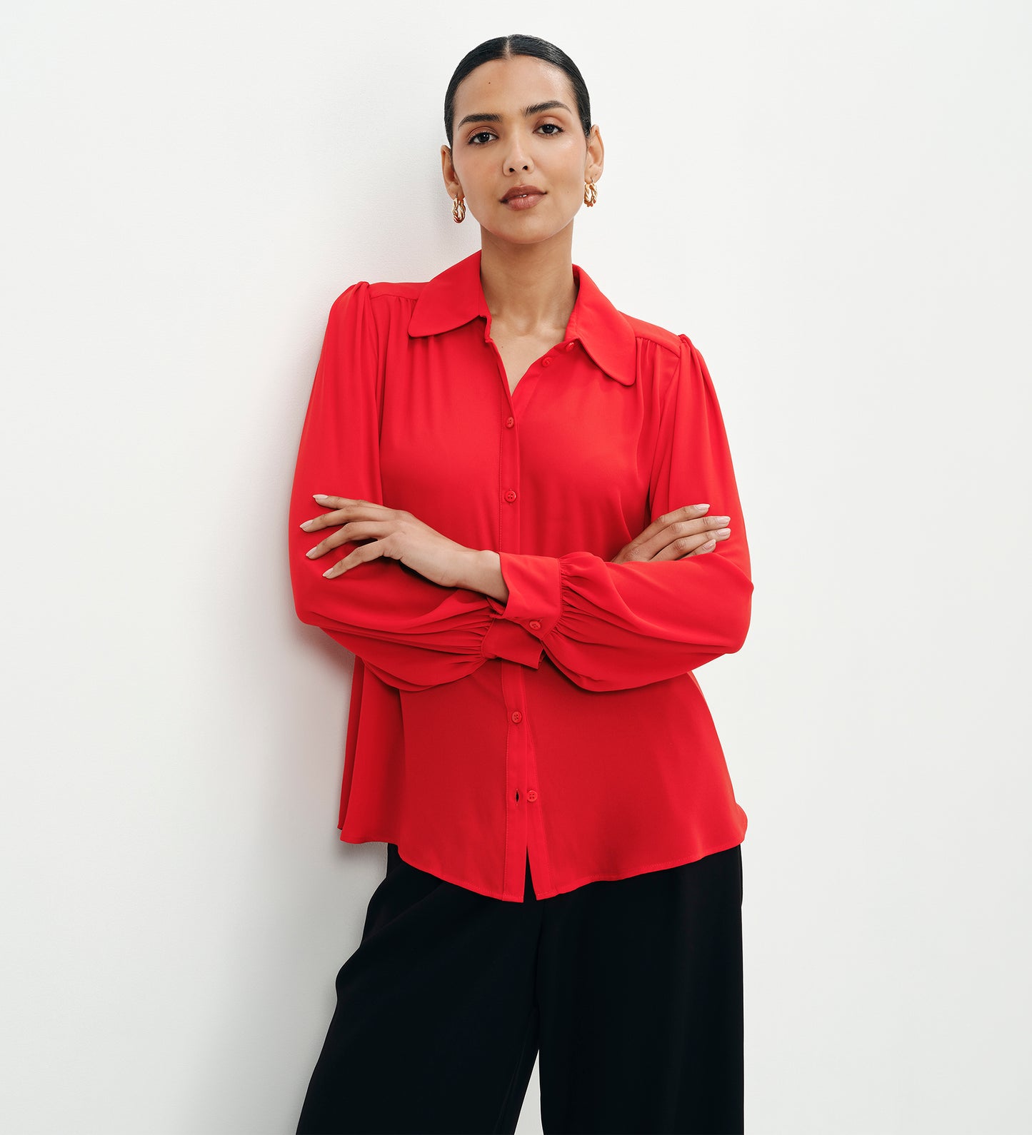 Melina Red Button Through Lightweight Yoke Blouse