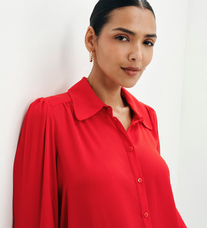 Melina Red Button Through Lightweight Yoke Blouse