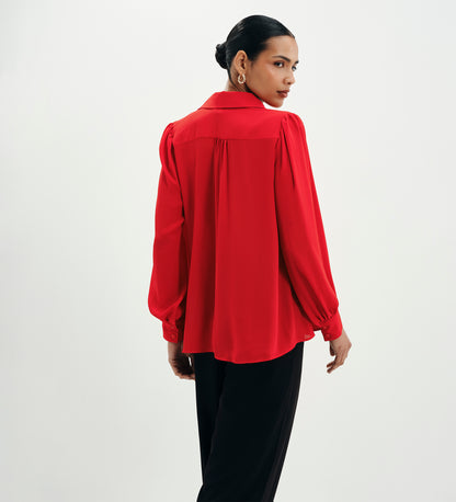 Melina Red Button Through Lightweight Yoke Blouse
