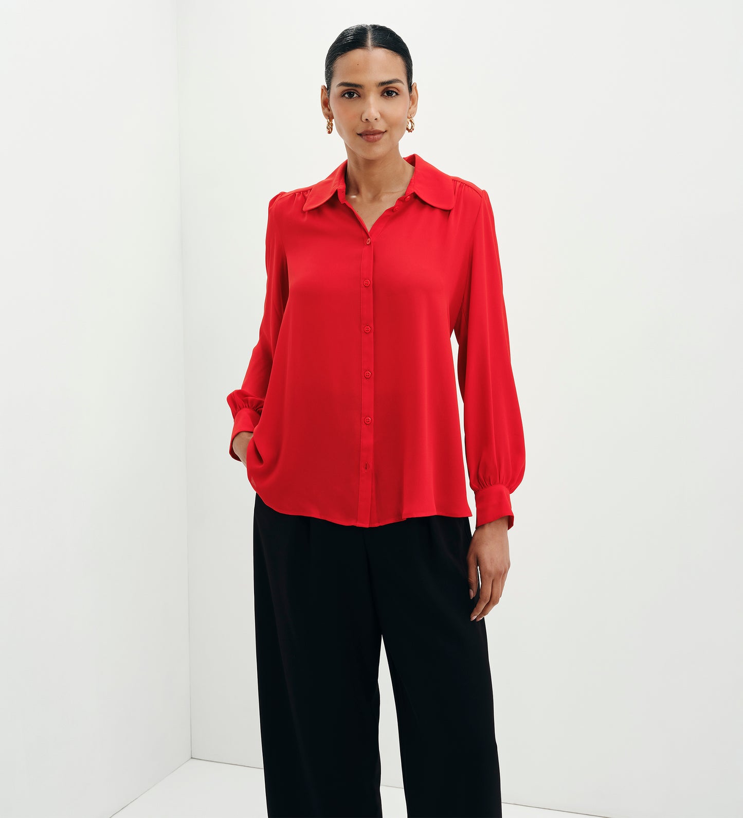 Melina Red Button Through Lightweight Yoke Blouse