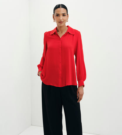 Melina Red Button Through Lightweight Yoke Blouse