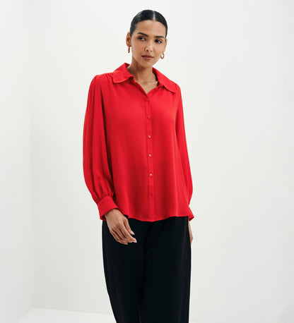 Melina Red Button Through Lightweight Yoke Blouse