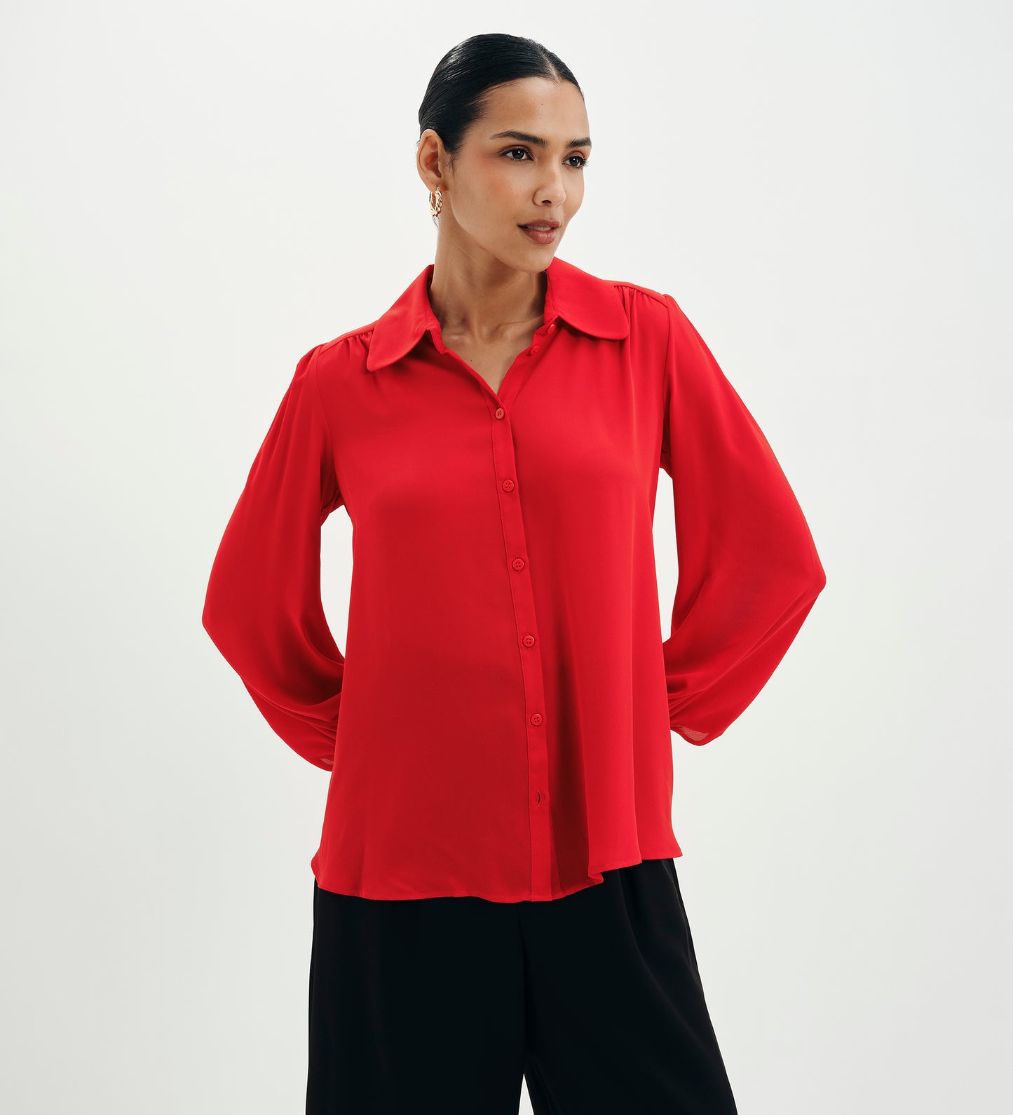 Melina Red Button Through Lightweight Yoke Blouse