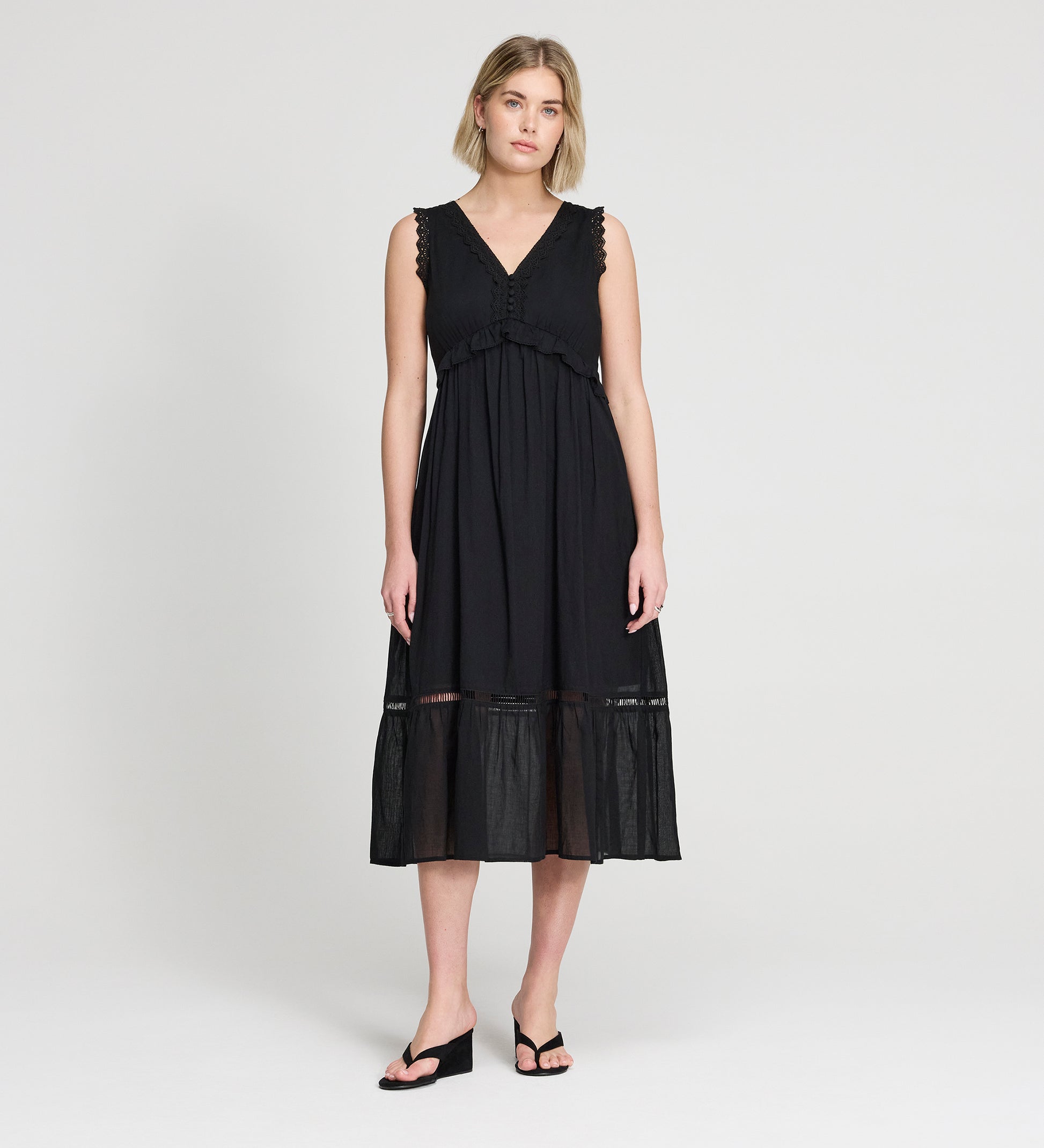 Myriam Black Lace Sleeveless Tiered Cotton Midi Dress – Finery London
