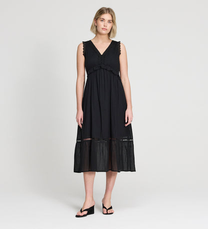 Myriam Black Cotton Lace Sleeveless Tiered Midi Dress
