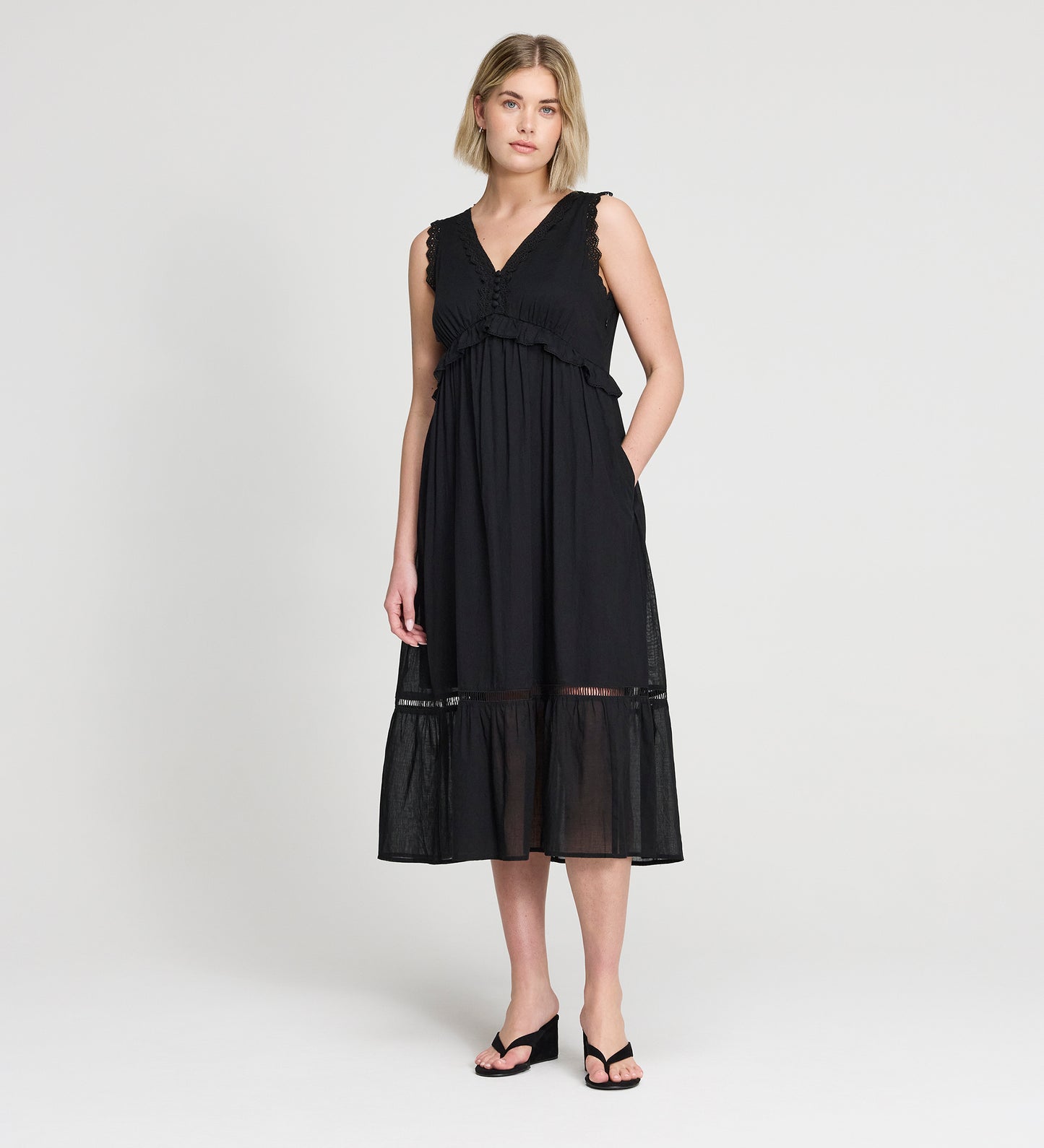 Myriam Black Cotton Lace Sleeveless Tiered Midi Dress