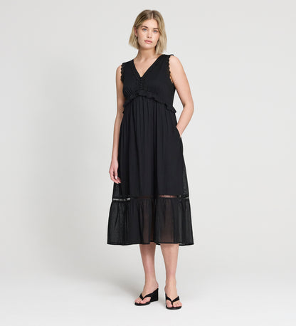 Myriam Black Cotton Lace Sleeveless Tiered Midi Dress