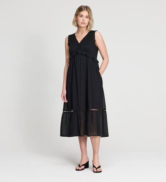 Myriam Black Cotton Lace Sleeveless Tiered Midi Dress