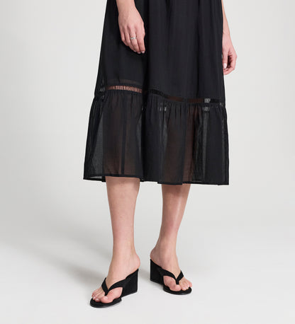 Myriam Black Cotton Lace Sleeveless Tiered Midi Dress