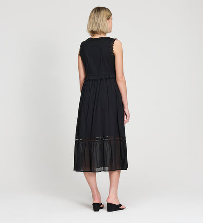 Myriam Black Cotton Lace Sleeveless Tiered Midi Dress