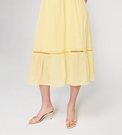 Myriam Yellow Cotton Lace Sleeveless Tiered Midi Dress