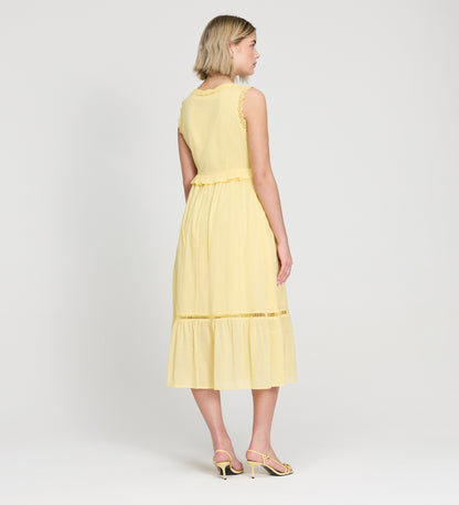Myriam Yellow Cotton Lace Sleeveless Tiered Midi Dress