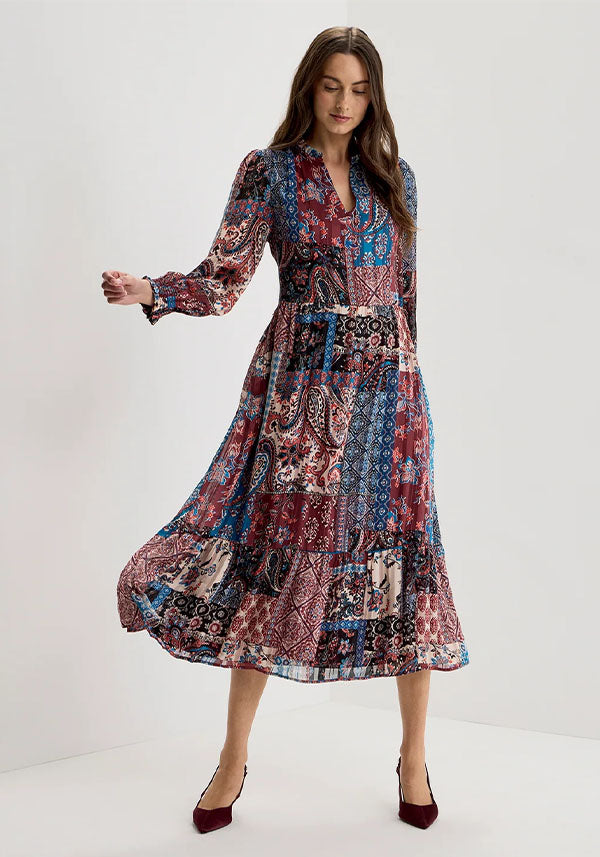 Kathleen Burgundy Paisley Satin Stripe Dress