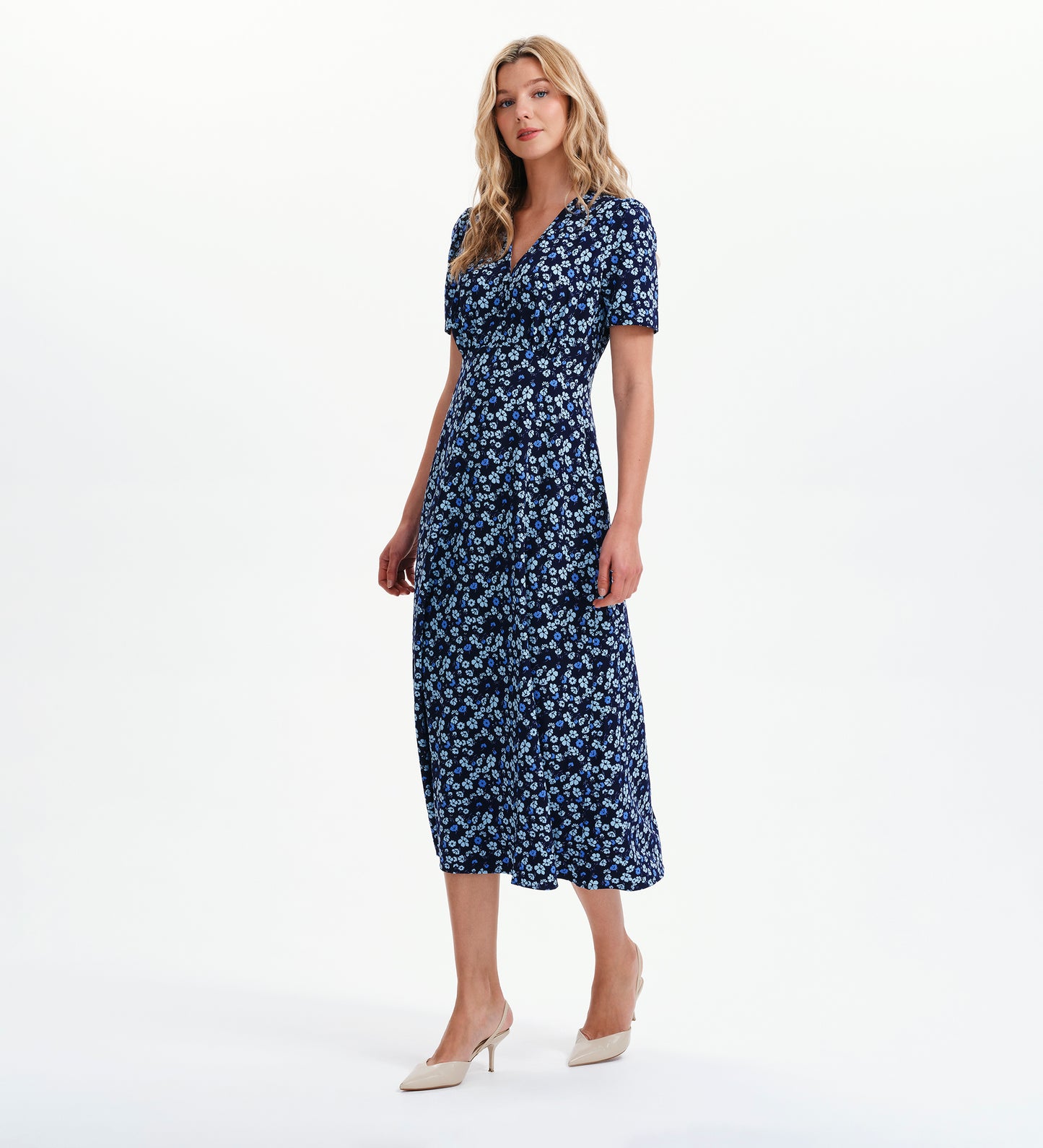 Nieve Blue Ditsy Empire Waist V-Neck Midi Dress