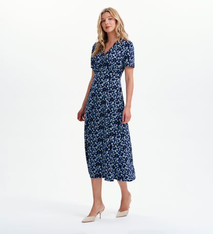 Nieve Blue Ditsy Empire Waist V-Neck Midi Dress
