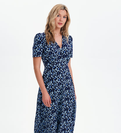 Nieve Blue Ditsy Empire Waist V-Neck Midi Dress