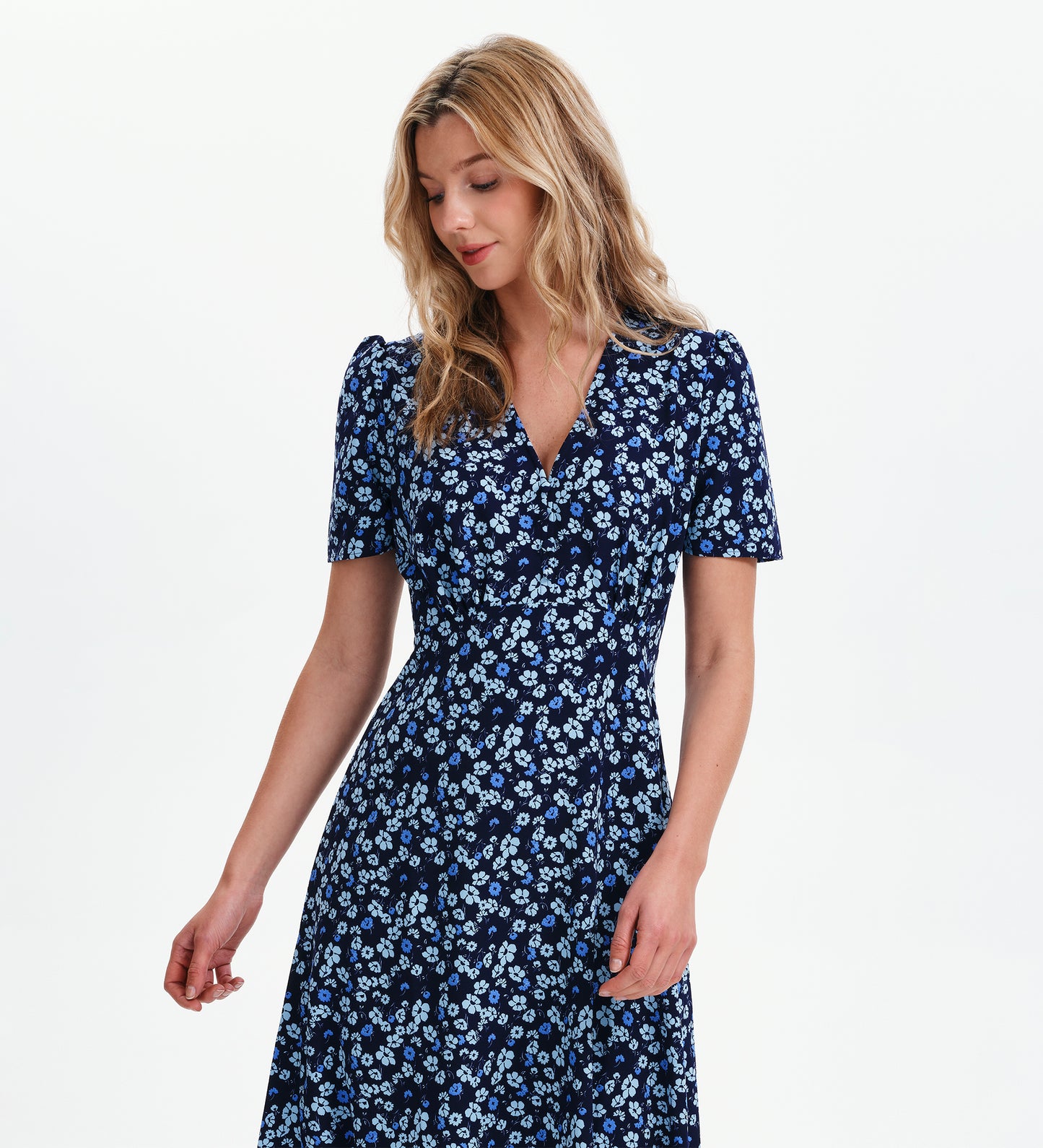 Nieve Blue Ditsy Empire Waist V-Neck Midi Dress