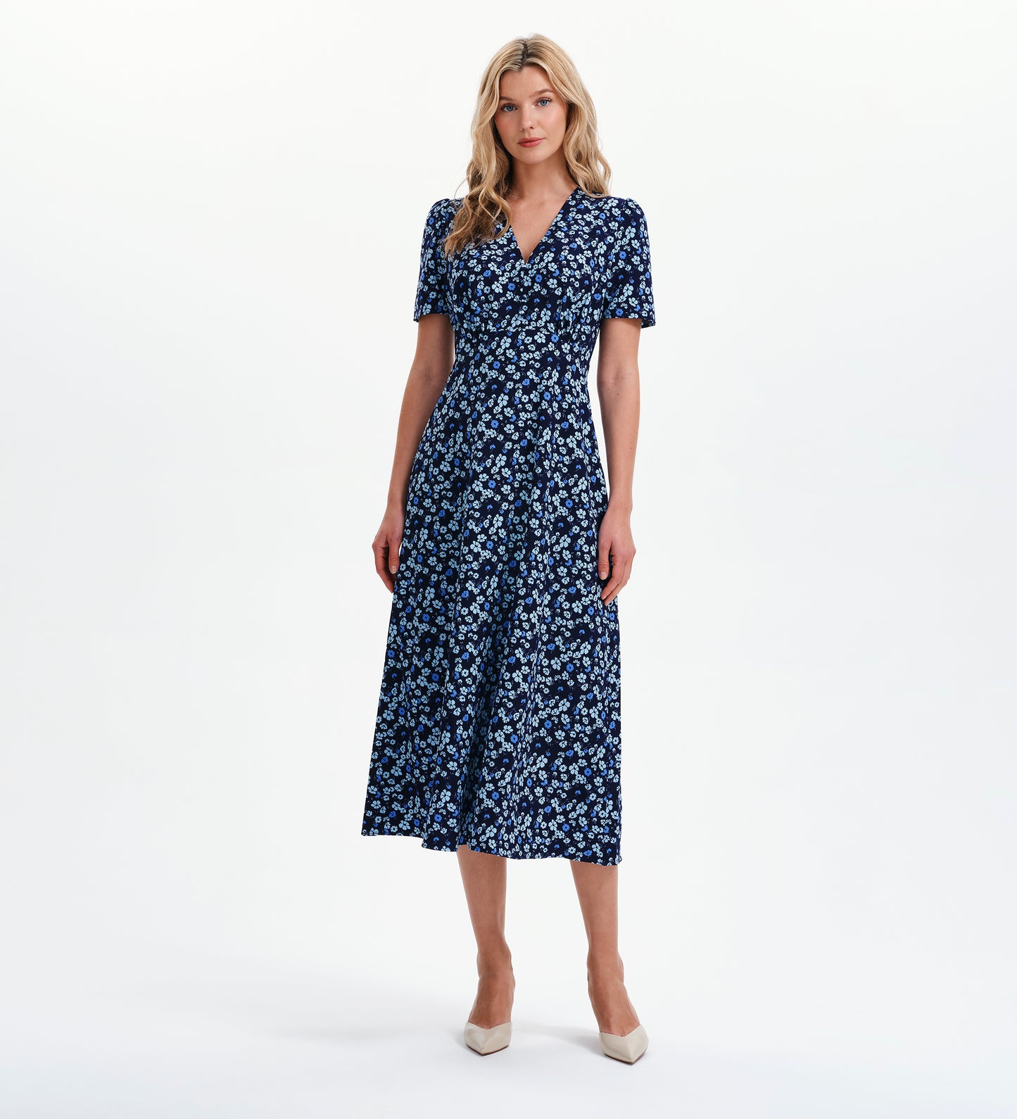 Nieve Blue Ditsy Empire Waist V-Neck Midi Dress