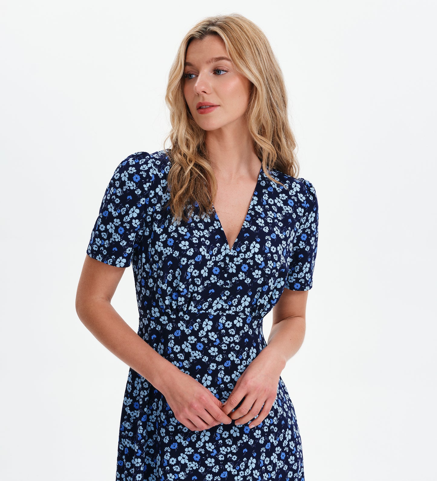 Nieve Blue Ditsy Empire Waist V-Neck Midi Dress