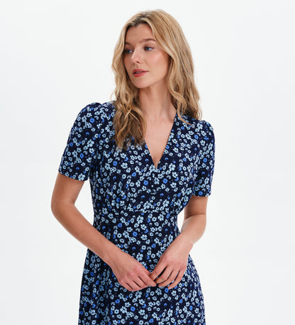 Nieve Blue Ditsy Empire Waist V-Neck Midi Dress