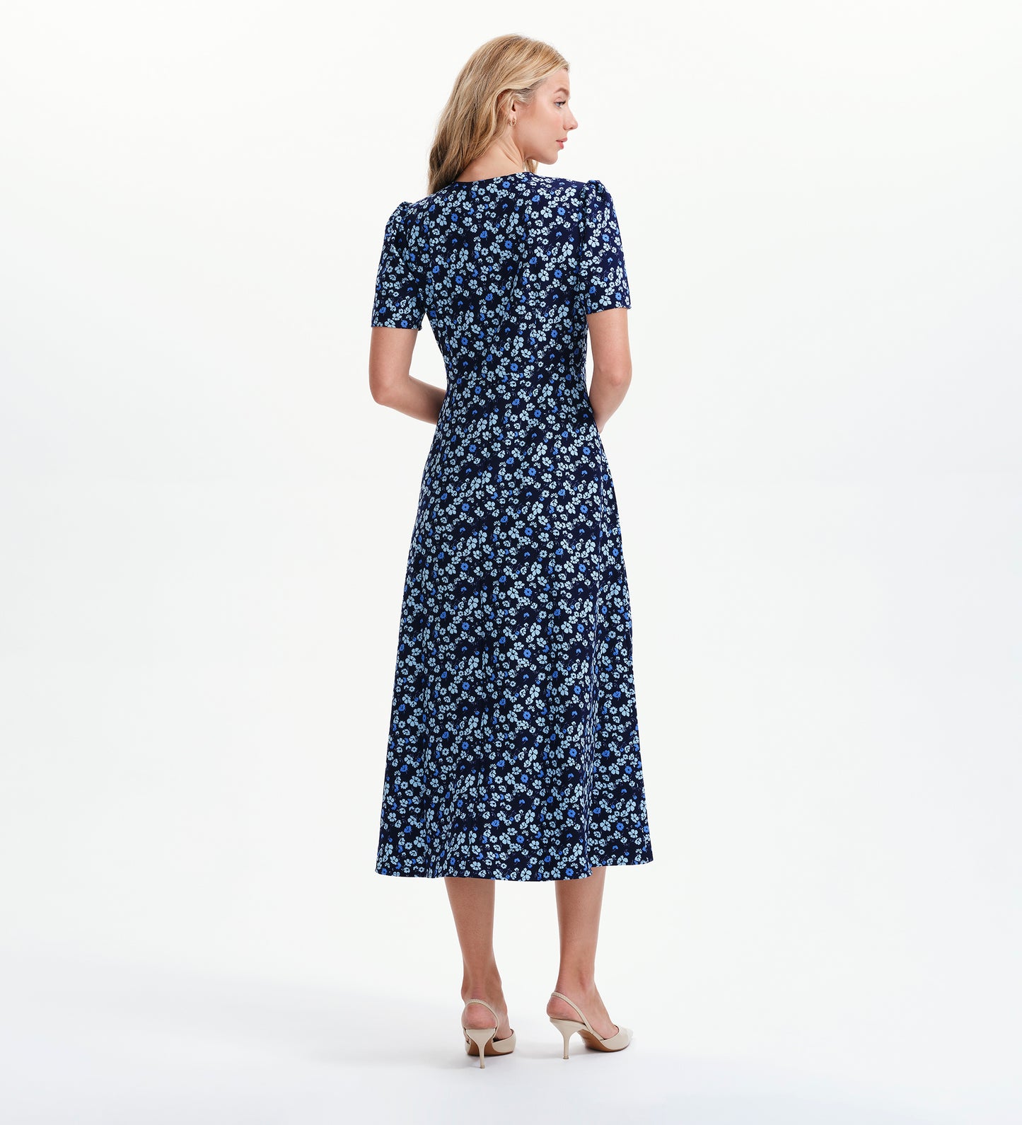 Nieve Blue Ditsy Empire Waist V-Neck Midi Dress