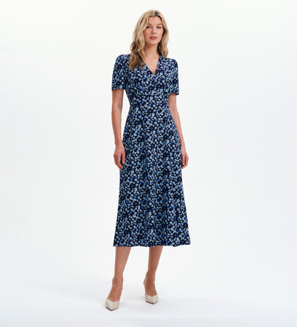 Nieve Blue Ditsy Empire Waist V-Neck Midi Dress