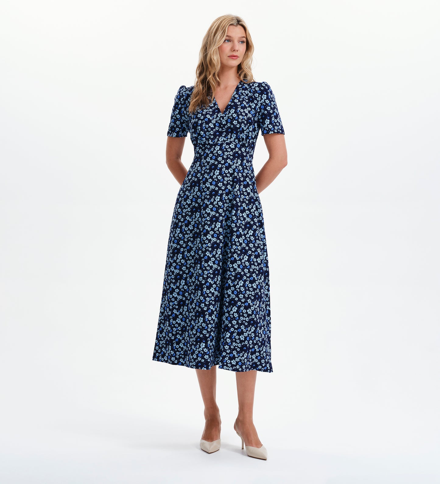 Nieve Blue Ditsy Empire Waist V-Neck Midi Dress