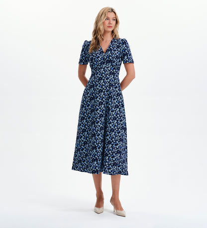 Nieve Blue Ditsy Empire Waist V-Neck Midi Dress