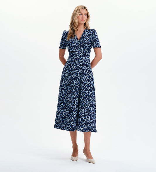 Nieve Blue Ditsy Empire Waist V-Neck Midi Dress