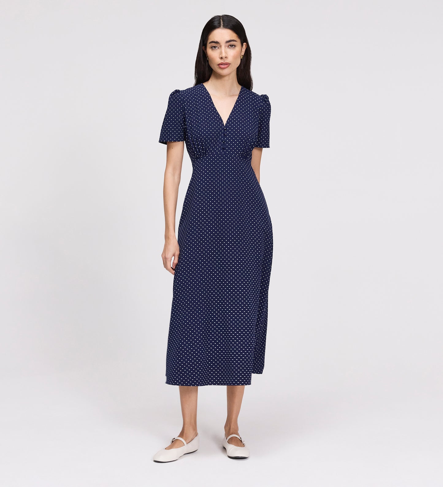 Nieve Navy Polka Dot Empire Waist V-Neck Midi Dress