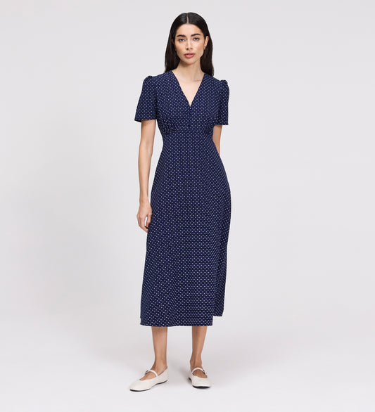 Nieve Navy Polka Dot Empire Waist V-Neck Midi Dress