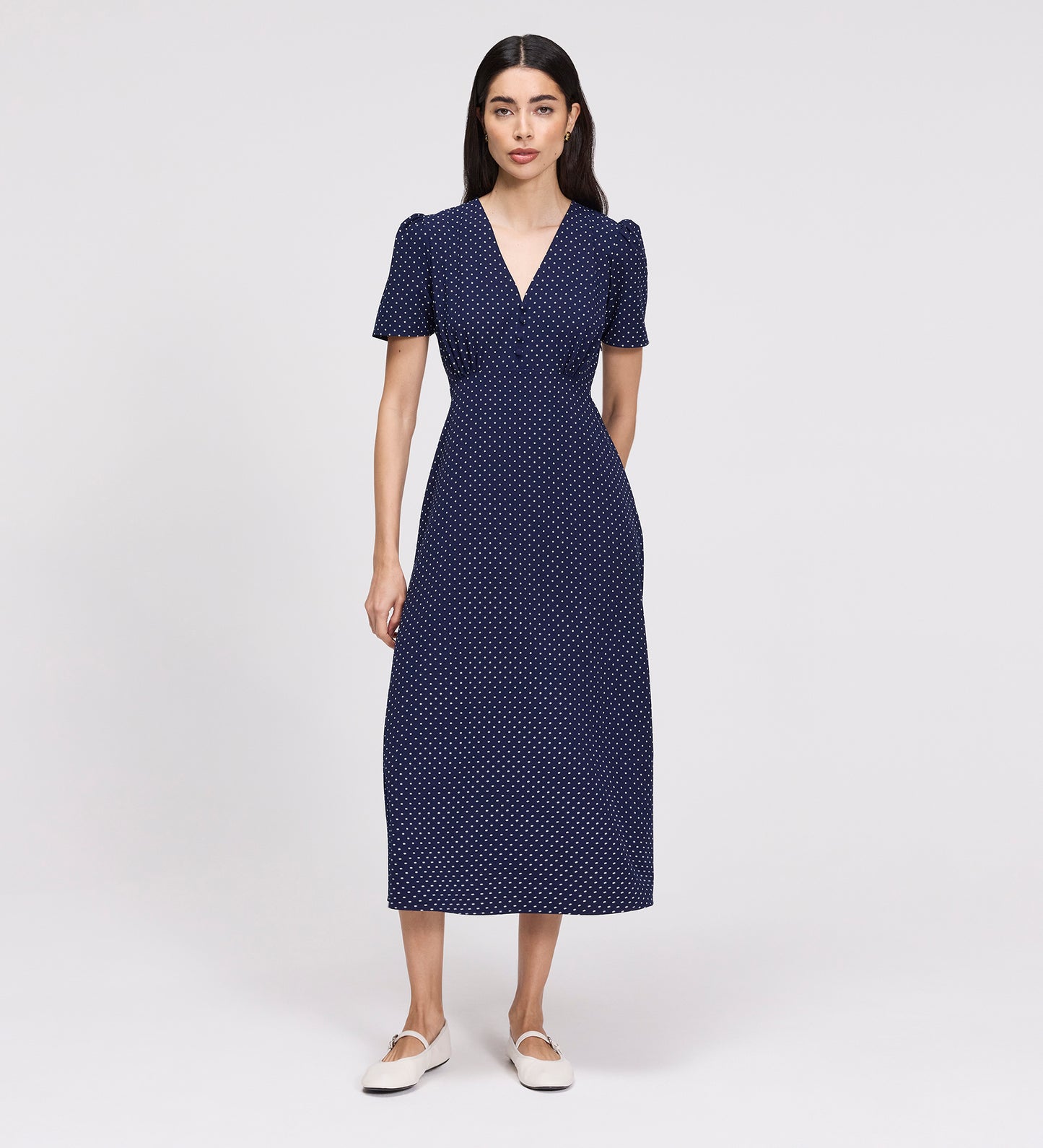 Nieve Navy Polka Dot Empire Waist V-Neck Midi Dress
