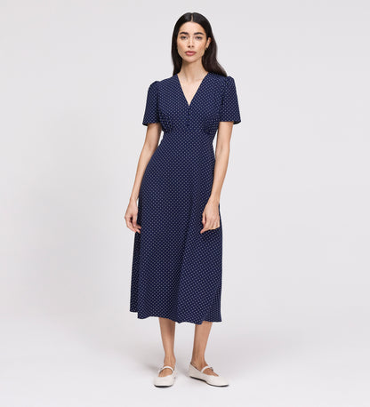 Nieve Navy Polka Dot Empire Waist V-Neck Midi Dress