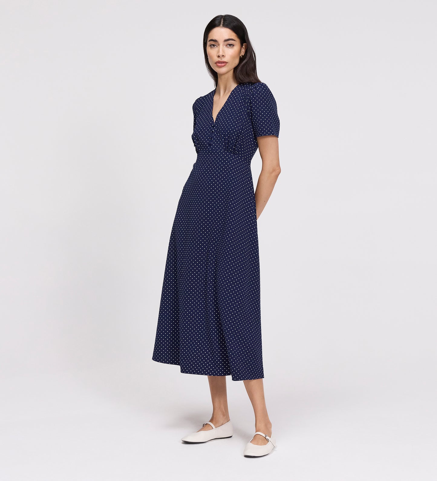 Nieve Navy Polka Dot Empire Waist V-Neck Midi Dress