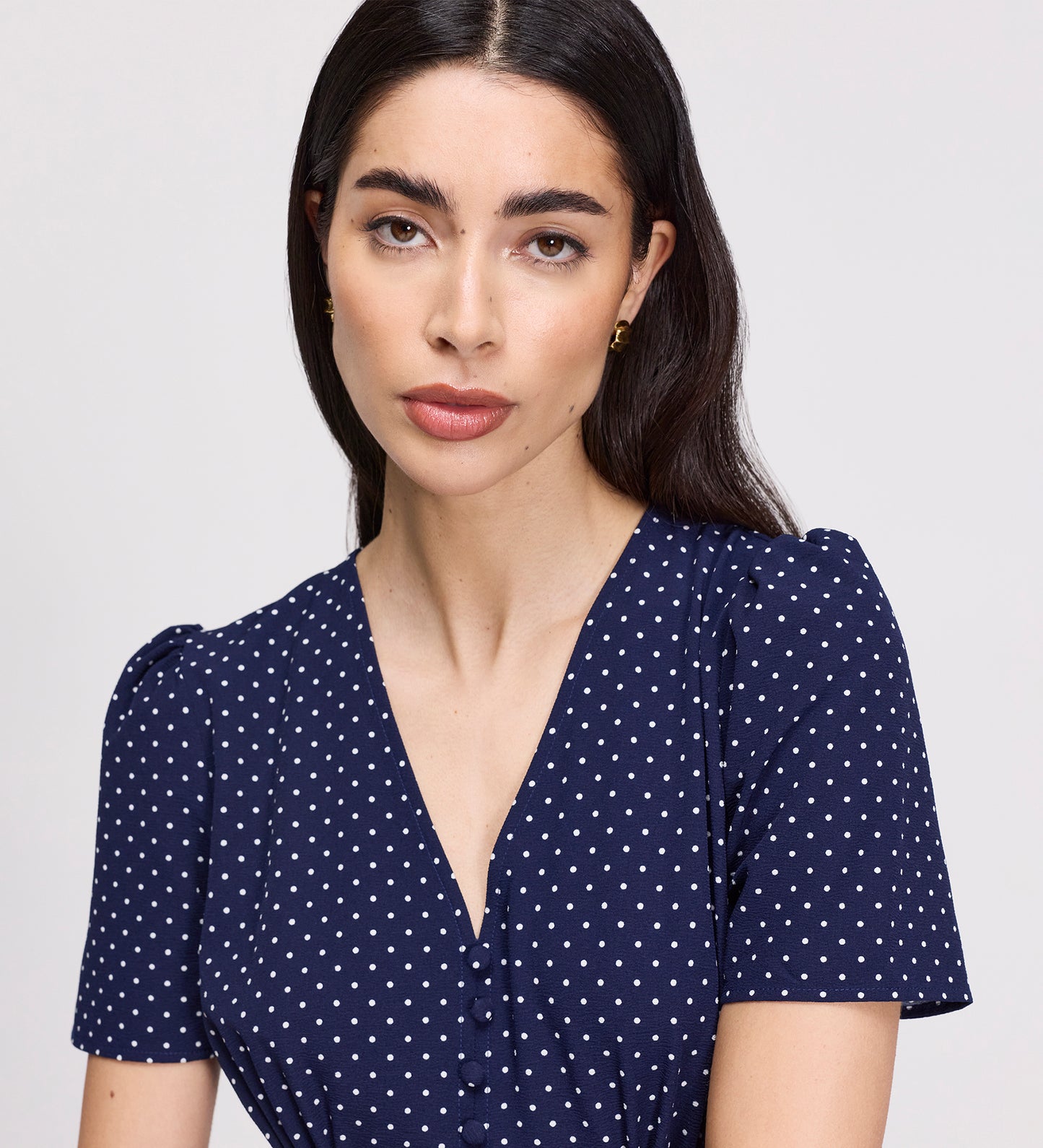 Nieve Navy Polka Dot Empire Waist V-Neck Midi Dress