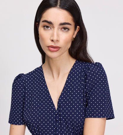 Nieve Navy Polka Dot Empire Waist V-Neck Midi Dress