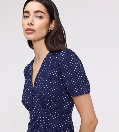 Nieve Navy Polka Dot Empire Waist V-Neck Midi Dress