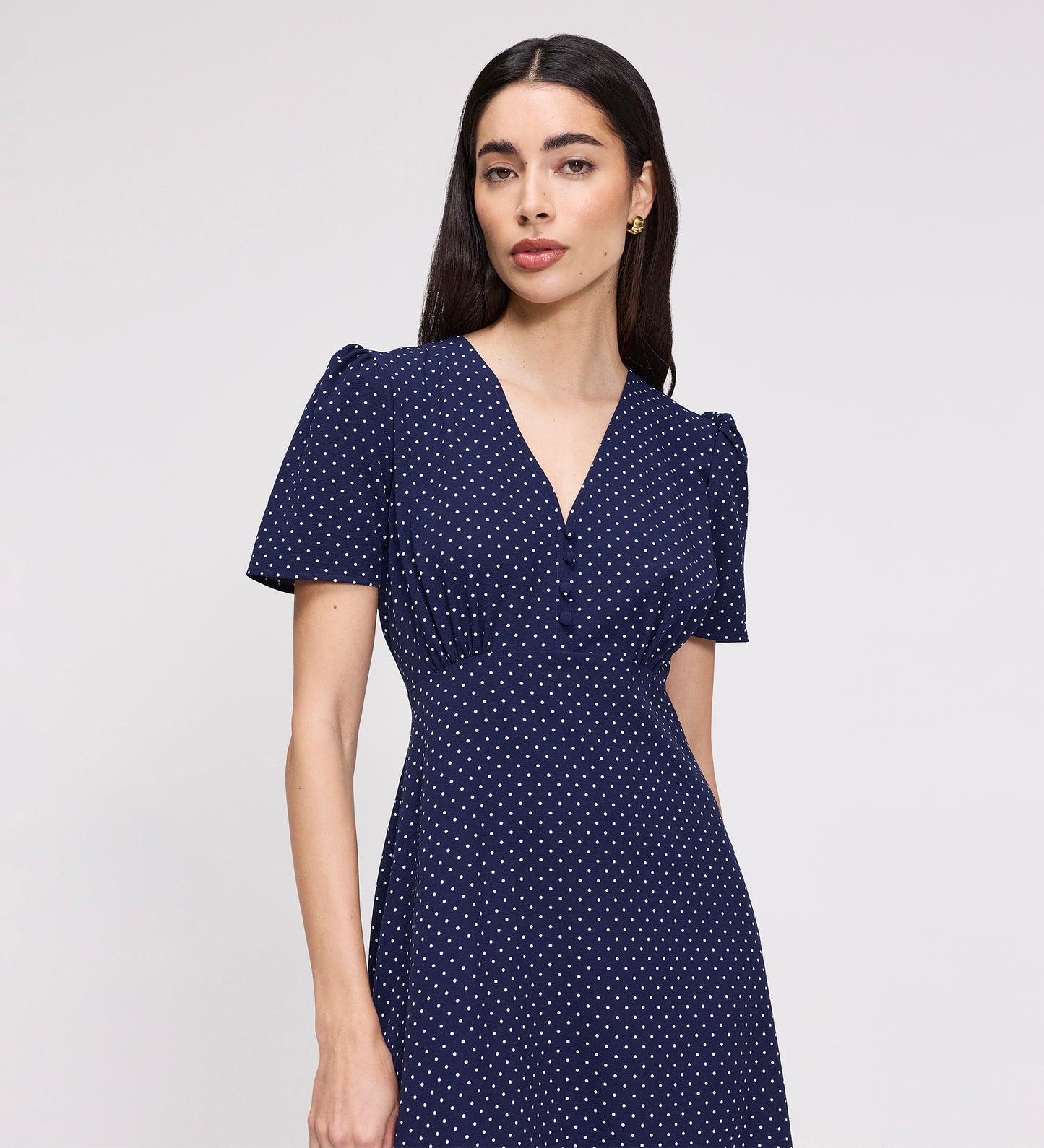Nieve Navy Polka Dot Empire Waist V-Neck Midi Dress