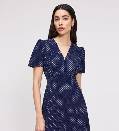 Nieve Navy Polka Dot Empire Waist V-Neck Midi Dress