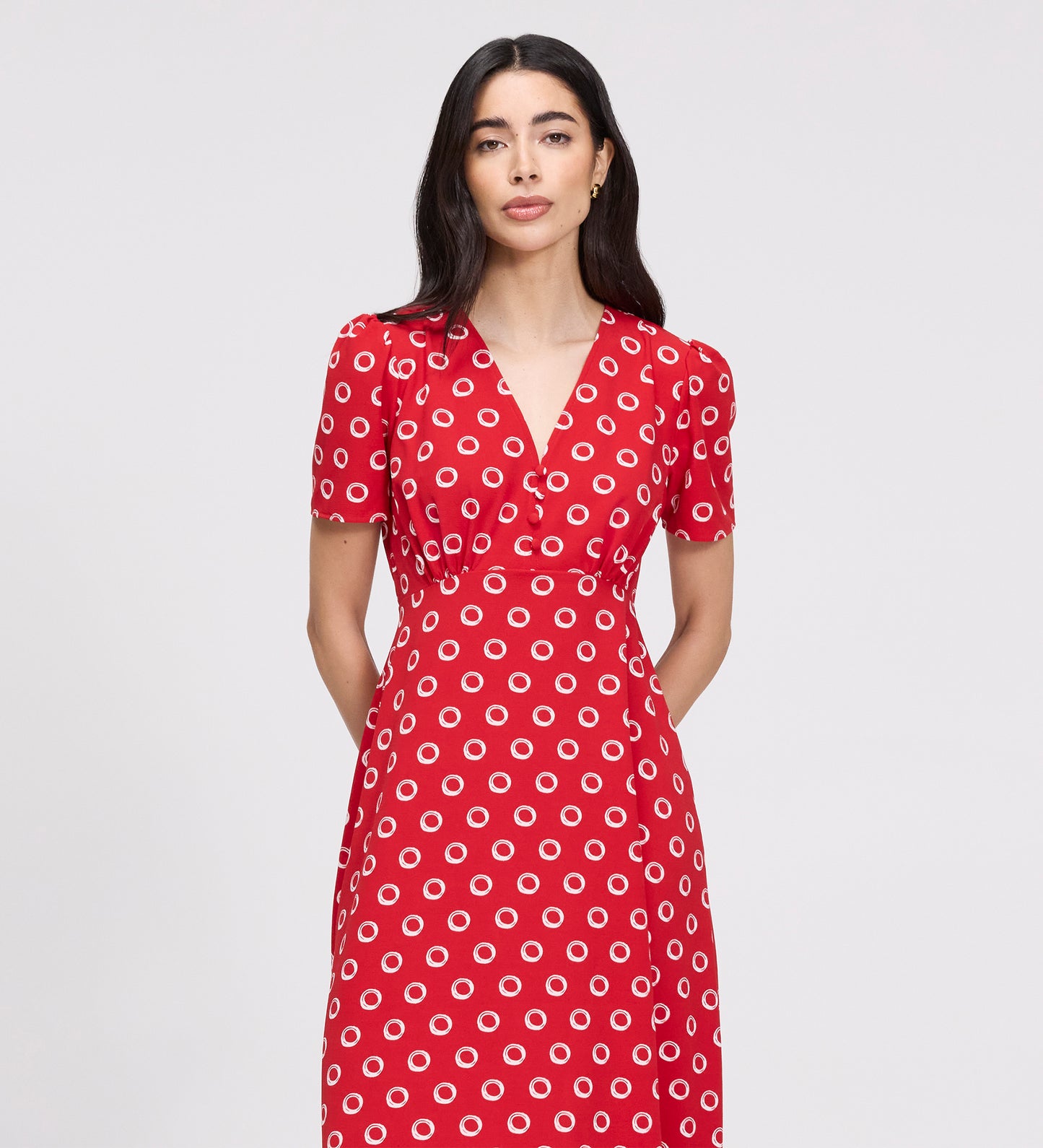 Nieve Red Polka Dot Empire Waist V-Neck Midi Dress