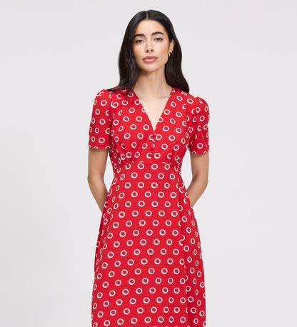 Nieve Red Polka Dot Empire Waist V-Neck Midi Dress